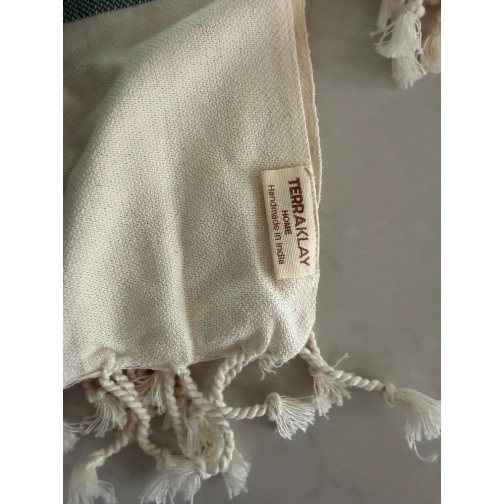 TerraKlay‎ Home Sage Green Cream Striped Cotton Hand Towel Set Fringe India